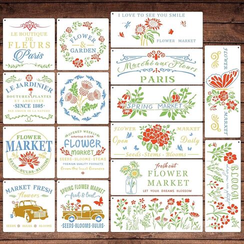 Flower Market Stencil, Large Spring Wildflower Stencils Farmhouse Stencils for Painting on Wood, Craft Template Wood Burning Stencil for Garden Canvas Sign Wall Home Decor(Flower) in Saudi Arabia
