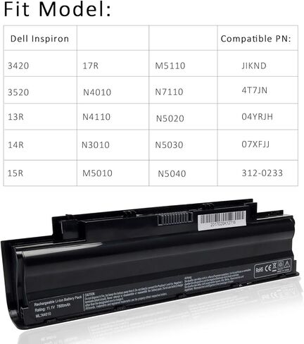 بطارية كمبيوتر محمول جديدة 9 خلايا لجهاز Dell Inspiron 3420 3520 13R 14R 15R N4010 N4110 N5010 N5110 N7010 N7110 M501 M503 Series، P/N J1knd 4t7jn-[7800MAH/11.1V] in Kuwait