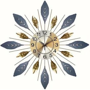 Large 21.6 inch (55 cm) Wall Clock,Silent Non,Ticking Modern Metal Leaf Design，Decorative 3D Wall Clock in Blue Gold Color in Saudi Arabia