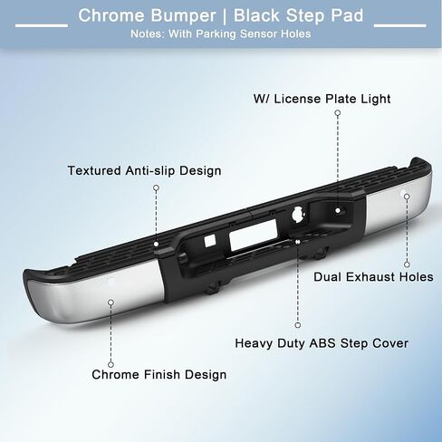 Rear Bumper Assembly W/Step Pad GM1103148 Compatible for 2007-2013 Chevy Silverado 1500 / GMC Sierra 1500 W/Parking Sensor Holes Complete Steel Standard Back Bumpers -Chrome in Saudi Arabia