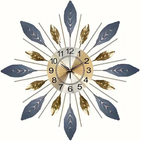Large 21.6 inch (55 cm) Wall Clock,Silent Non,Ticking Modern Metal Leaf Design，Decorative 3D Wall Clock in Blue Gold Color in Saudi Arabia