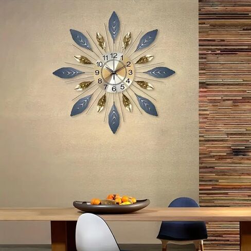 Large 21.6 inch (55 cm) Wall Clock,Silent Non,Ticking Modern Metal Leaf Design，Decorative 3D Wall Clock in Blue Gold Color in Saudi Arabia