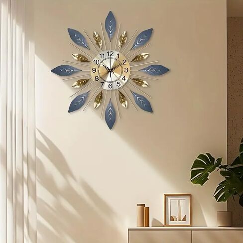 Large 21.6 inch (55 cm) Wall Clock,Silent Non,Ticking Modern Metal Leaf Design，Decorative 3D Wall Clock in Blue Gold Color in Saudi Arabia