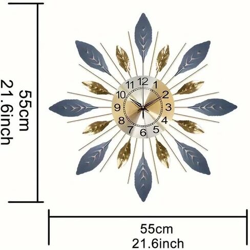 Large 21.6 inch (55 cm) Wall Clock,Silent Non,Ticking Modern Metal Leaf Design，Decorative 3D Wall Clock in Blue Gold Color in Saudi Arabia