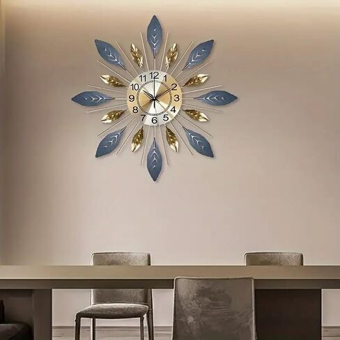 Large 21.6 inch (55 cm) Wall Clock,Silent Non,Ticking Modern Metal Leaf Design，Decorative 3D Wall Clock in Blue Gold Color in Saudi Arabia