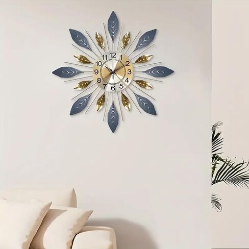 Large 21.6 inch (55 cm) Wall Clock,Silent Non,Ticking Modern Metal Leaf Design，Decorative 3D Wall Clock in Blue Gold Color in Saudi Arabia