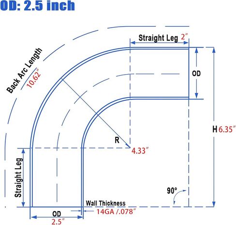 2.5 Inch 90 Degree Elbow Stainless Mandrel Bend Elbow - 2" Leg- 14GA/. 078" Wall - Thickned 2mm SS304 Stainless Steel Exhaust Piping Tip for Automotive Exhaust (OD: 2.5 ") in Saudi Arabia