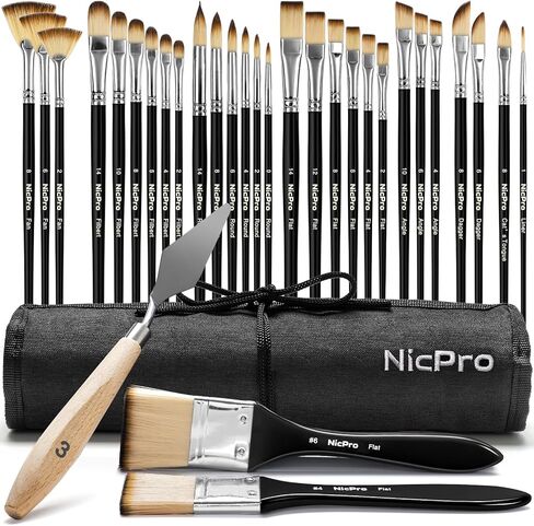 Nicpro 30pcs Paint Brush Set, Professional Paintbrushes with Paint Spatula and Cloth Roll, Craft Paint Brushes for Acrylic Painting, Oil, Watercolor, Gouache, Art Supplies for Artists and Beginners in Saudi Arabia