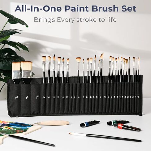 Nicpro 30pcs Paint Brush Set, Professional Paintbrushes with Paint Spatula and Cloth Roll, Craft Paint Brushes for Acrylic Painting, Oil, Watercolor, Gouache, Art Supplies for Artists and Beginners in Saudi Arabia