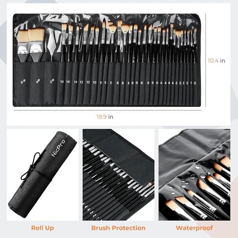 Nicpro 30pcs Paint Brush Set, Professional Paintbrushes with Paint Spatula and Cloth Roll, Craft Paint Brushes for Acrylic Painting, Oil, Watercolor, Gouache, Art Supplies for Artists and Beginners in Saudi Arabia
