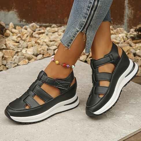 Womens Soft Sole Platform Sandals, Round Toe Comfortable Casual Walking Shoes, Hollow Wedge Breathable Sandals in Saudi Arabia