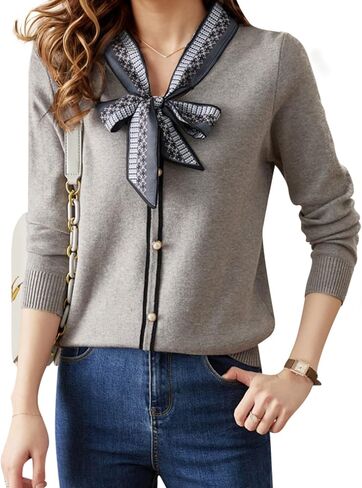 LAI MENG FIVE CATS Women's Vintage Tie Neck Sweater Knit Shirt Long Sleeve Tunic Pullover Blouse Tops in Saudi Arabia