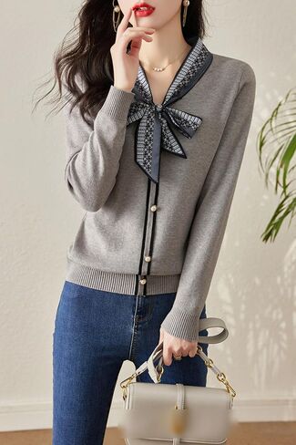 LAI MENG FIVE CATS Women's Vintage Tie Neck Sweater Knit Shirt Long Sleeve Tunic Pullover Blouse Tops in Saudi Arabia