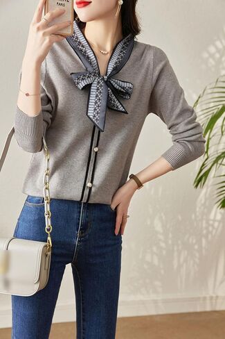 LAI MENG FIVE CATS Women's Vintage Tie Neck Sweater Knit Shirt Long Sleeve Tunic Pullover Blouse Tops in Saudi Arabia