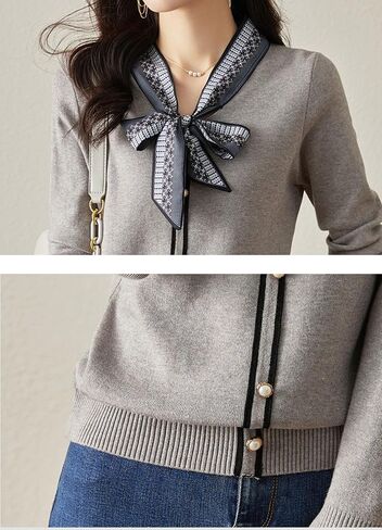 LAI MENG FIVE CATS Women's Vintage Tie Neck Sweater Knit Shirt Long Sleeve Tunic Pullover Blouse Tops in Saudi Arabia
