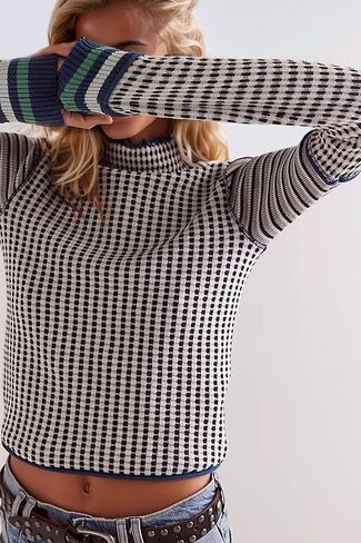 Casual Mock Neck Striped Cropped Sweater for Women Slim Fit Long Sleeve Plaid Pullover Sweater Color Block Knit Tops in Kuwait