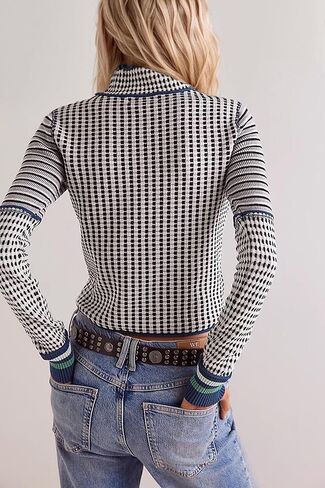 Casual Mock Neck Striped Cropped Sweater for Women Slim Fit Long Sleeve Plaid Pullover Sweater Color Block Knit Tops in Kuwait