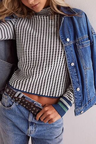 Casual Mock Neck Striped Cropped Sweater for Women Slim Fit Long Sleeve Plaid Pullover Sweater Color Block Knit Tops in Kuwait