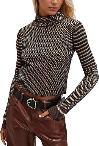 Casual Mock Neck Striped Cropped Sweater for Women Slim Fit Long Sleeve Plaid Pullover Sweater Color Block Knit Tops in Kuwait