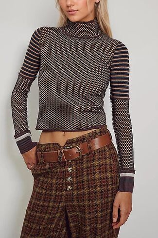 Casual Mock Neck Striped Cropped Sweater for Women Slim Fit Long Sleeve Plaid Pullover Sweater Color Block Knit Tops in Kuwait