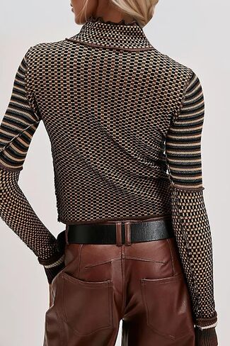 Casual Mock Neck Striped Cropped Sweater for Women Slim Fit Long Sleeve Plaid Pullover Sweater Color Block Knit Tops in Kuwait