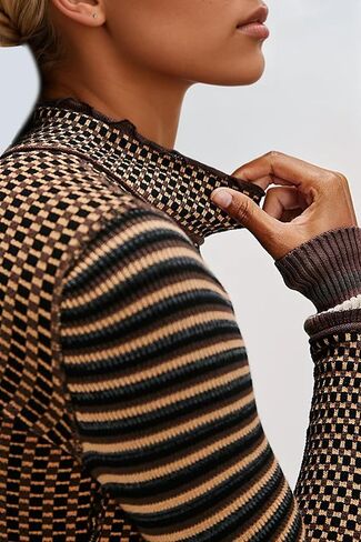 Casual Mock Neck Striped Cropped Sweater for Women Slim Fit Long Sleeve Plaid Pullover Sweater Color Block Knit Tops in Kuwait