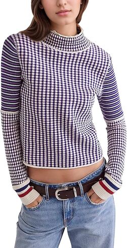 Casual Mock Neck Striped Cropped Sweater for Women Slim Fit Long Sleeve Plaid Pullover Sweater Color Block Knit Tops in Kuwait