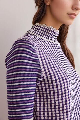 Casual Mock Neck Striped Cropped Sweater for Women Slim Fit Long Sleeve Plaid Pullover Sweater Color Block Knit Tops in Kuwait