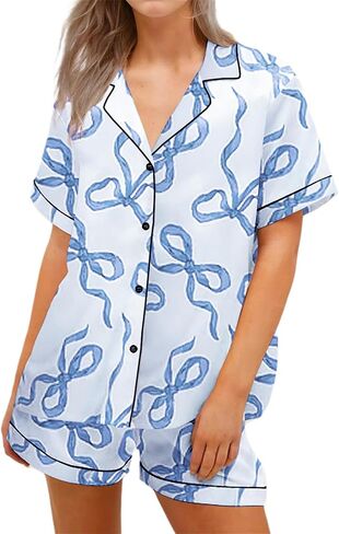 Tenopuli Women Silk Satin Pajama Set Bow Bow Print Button Down و Shorts Sleepwear Valentine 2 قطعة مجموعة صالة in Kuwait