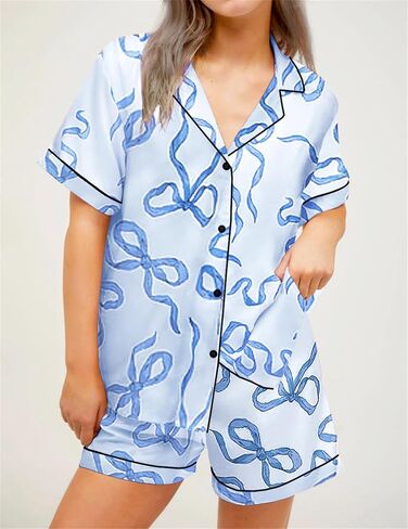 Tenopuli Women Silk Satin Pajama Set Bow Bow Print Button Down و Shorts Sleepwear Valentine 2 قطعة مجموعة صالة in Kuwait