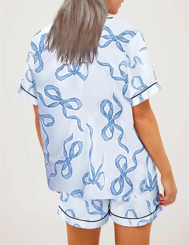 Tenopuli Women Silk Satin Pajama Set Bow Bow Print Button Down و Shorts Sleepwear Valentine 2 قطعة مجموعة صالة in Kuwait