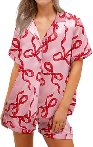 Tenopuli Women Silk Satin Pajama Set Bow Bow Print Button Down و Shorts Sleepwear Valentine 2 قطعة مجموعة صالة in Kuwait