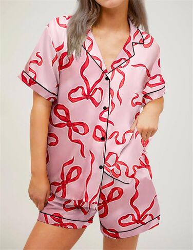 Tenopuli Women Silk Satin Pajama Set Bow Bow Print Button Down و Shorts Sleepwear Valentine 2 قطعة مجموعة صالة in Kuwait
