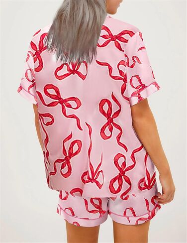 Tenopuli Women Silk Satin Pajama Set Bow Bow Print Button Down و Shorts Sleepwear Valentine 2 قطعة مجموعة صالة in Kuwait