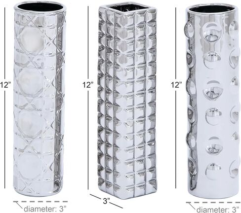 Deco 79 Ceramic Decorative Vase Centerpiece Vases with Varying Patterns, set of 3 Flower Vases for Home Decoration 4" x 4" x 12", Silver in Saudi Arabia