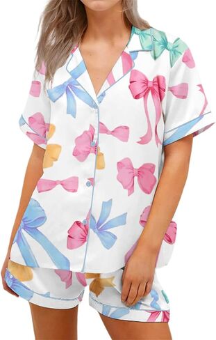 Tenopuli Women Silk Satin Pajama Set Bow Bow Print Button Down و Shorts Sleepwear Valentine 2 قطعة مجموعة صالة in Kuwait