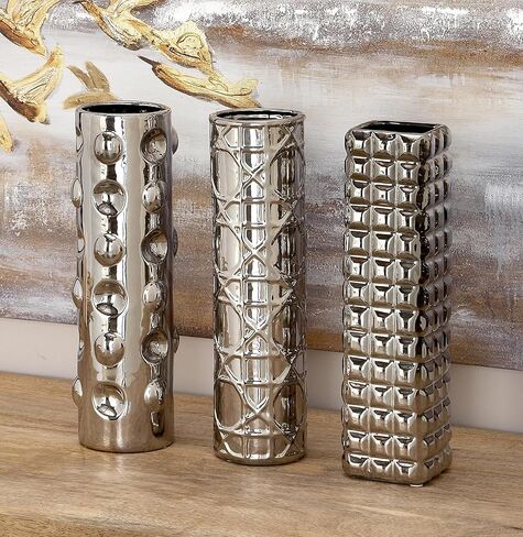 Deco 79 Ceramic Decorative Vase Centerpiece Vases with Varying Patterns, set of 3 Flower Vases for Home Decoration 4" x 4" x 12", Silver in Saudi Arabia