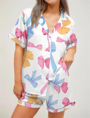 Tenopuli Women Silk Satin Pajama Set Bow Bow Print Button Down و Shorts Sleepwear Valentine 2 قطعة مجموعة صالة in Kuwait