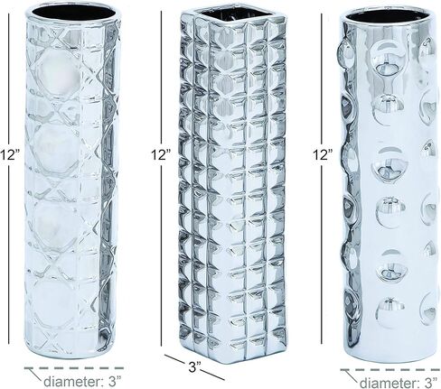 Deco 79 Ceramic Decorative Vase Centerpiece Vases with Varying Patterns, set of 3 Flower Vases for Home Decoration 4" x 4" x 12", Silver in Saudi Arabia