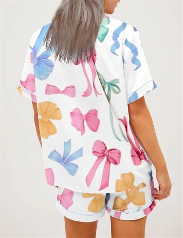 Tenopuli Women Silk Satin Pajama Set Bow Bow Print Button Down و Shorts Sleepwear Valentine 2 قطعة مجموعة صالة in Kuwait