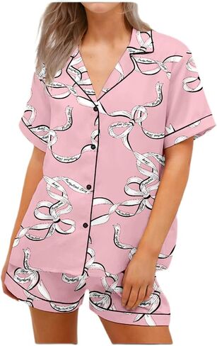 Tenopuli Women Silk Satin Pajama Set Bow Bow Print Button Down و Shorts Sleepwear Valentine 2 قطعة مجموعة صالة in Kuwait
