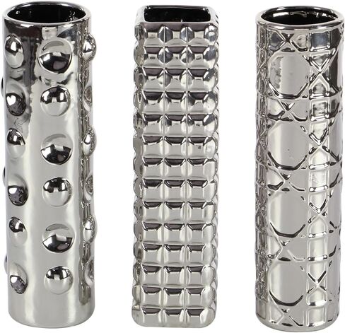 Deco 79 Ceramic Decorative Vase Centerpiece Vases with Varying Patterns, set of 3 Flower Vases for Home Decoration 4" x 4" x 12", Silver in Saudi Arabia