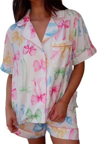 Tenopuli Women Silk Satin Pajama Set Bow Bow Print Button Down و Shorts Sleepwear Valentine 2 قطعة مجموعة صالة in Kuwait
