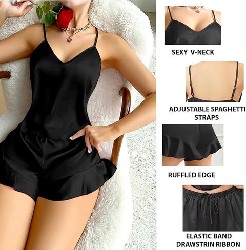 ساتان بيجاما مجموعة للنساء الحرير بيبيول أنيقة سام من الألبانات الكاميسول وشورت الكشكش صالة PJS (WS401-P) in Kuwait