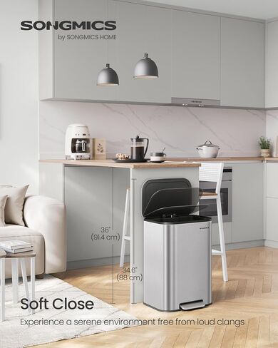 SONGMICS Kitchen Trash Can, 8-Gallon (30 L) Garbage Can with Lid, Stainless Steel, Soft Close and Stays Open, Inner Bucket, Wide Non-Slip Pedal, Metallic Silver ULTB546E01 in Saudi Arabia