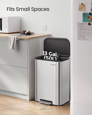 SONGMICS Kitchen Trash Can, 8-Gallon (30 L) Garbage Can with Lid, Stainless Steel, Soft Close and Stays Open, Inner Bucket, Wide Non-Slip Pedal, Metallic Silver ULTB546E01 in Saudi Arabia