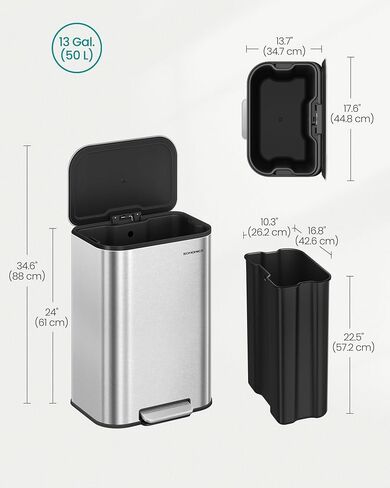 SONGMICS Kitchen Trash Can, 8-Gallon (30 L) Garbage Can with Lid, Stainless Steel, Soft Close and Stays Open, Inner Bucket, Wide Non-Slip Pedal, Metallic Silver ULTB546E01 in Saudi Arabia