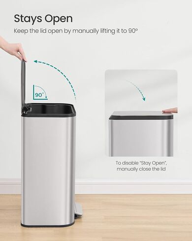 SONGMICS Kitchen Trash Can, 8-Gallon (30 L) Garbage Can with Lid, Stainless Steel, Soft Close and Stays Open, Inner Bucket, Wide Non-Slip Pedal, Metallic Silver ULTB546E01 in Saudi Arabia