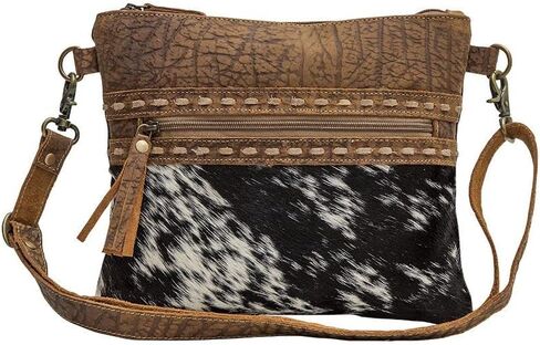 Myra Diaz Cowhide Purse - Black and White Cowhide Purses with Brown Tooled Leather Design, Adjustable Shoulder Strap in Saudi Arabia