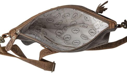 Myra Diaz Cowhide Purse - Black and White Cowhide Purses with Brown Tooled Leather Design, Adjustable Shoulder Strap in Saudi Arabia